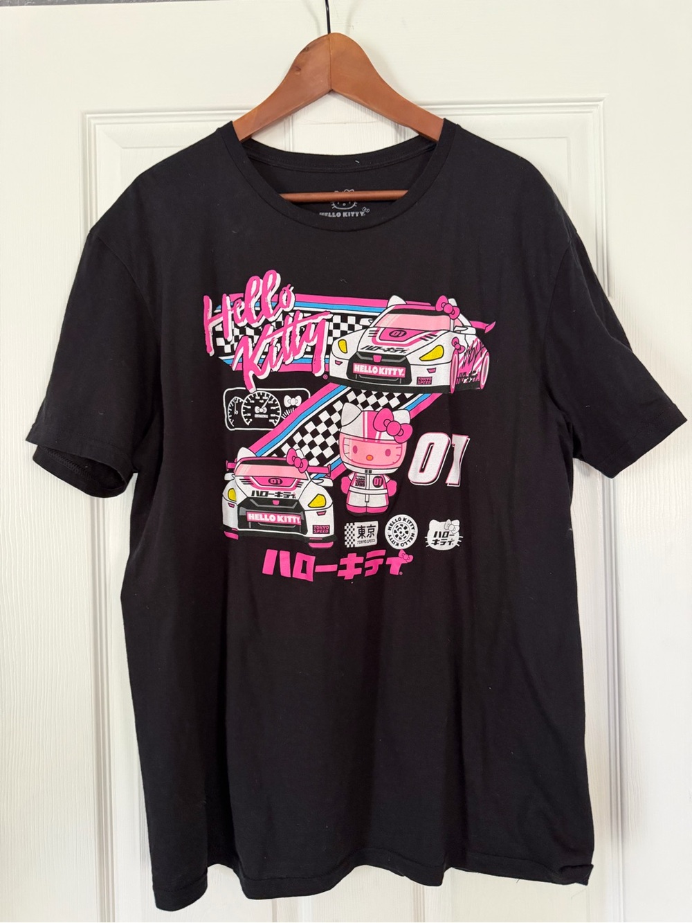 Sanrio Hello Kitty Black Tee with Pink Racing Motif